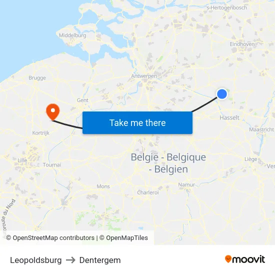 Leopoldsburg to Dentergem map