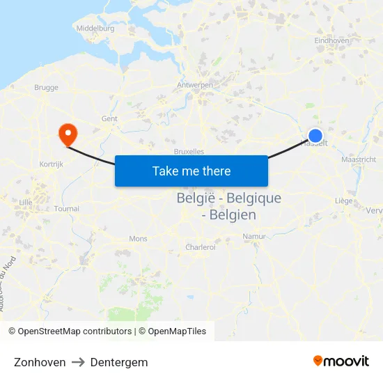 Zonhoven to Dentergem map
