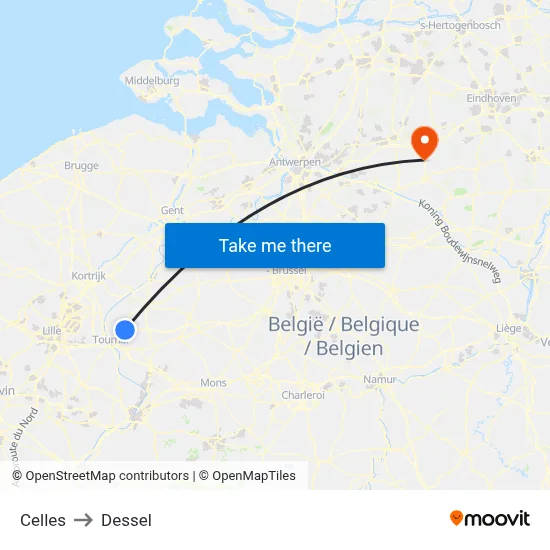 Celles to Dessel map