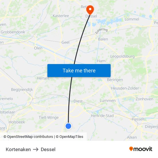 Kortenaken to Dessel map