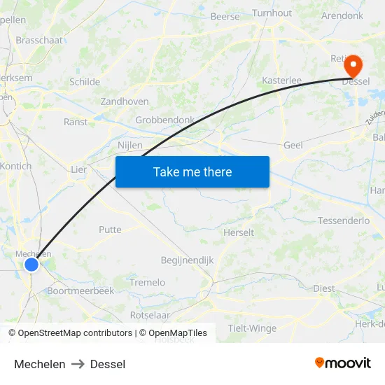 Mechelen to Dessel map