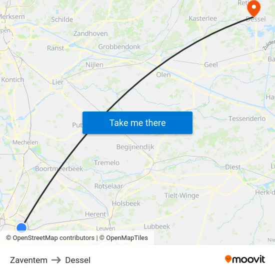 Zaventem to Dessel map