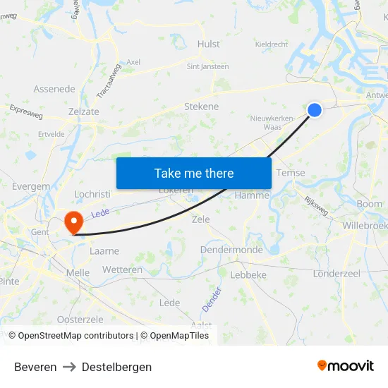 Beveren to Destelbergen map