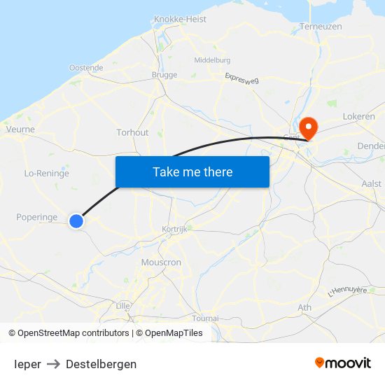 Ieper to Destelbergen map