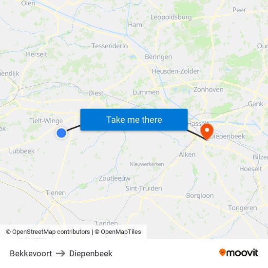 Bekkevoort to Diepenbeek map