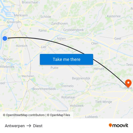 Antwerpen to Diest map