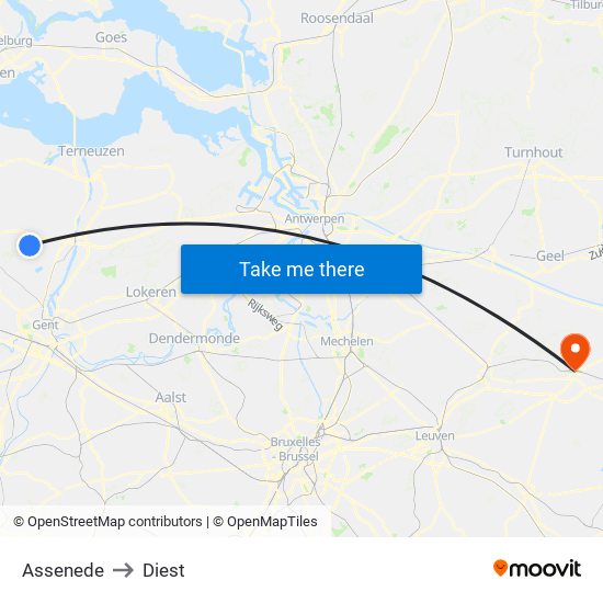 Assenede to Diest map