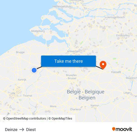 Deinze to Diest map