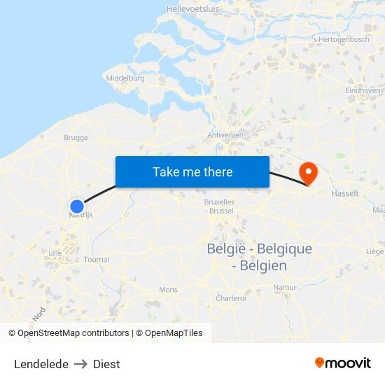 Lendelede to Diest map