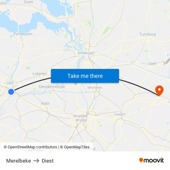 Merelbeke to Diest map