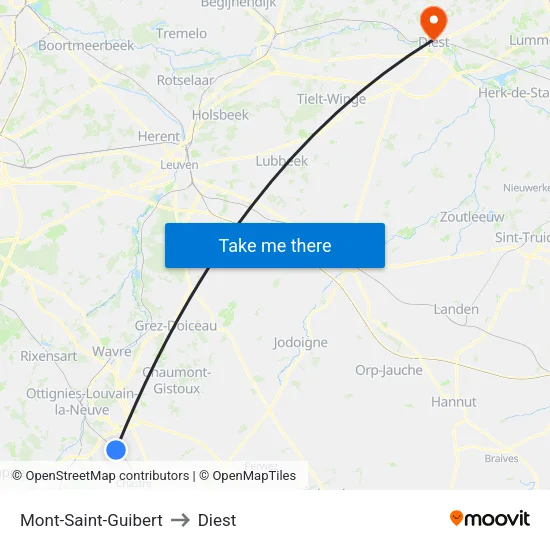 Mont-Saint-Guibert to Diest map