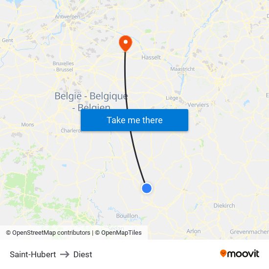 Saint-Hubert to Diest map