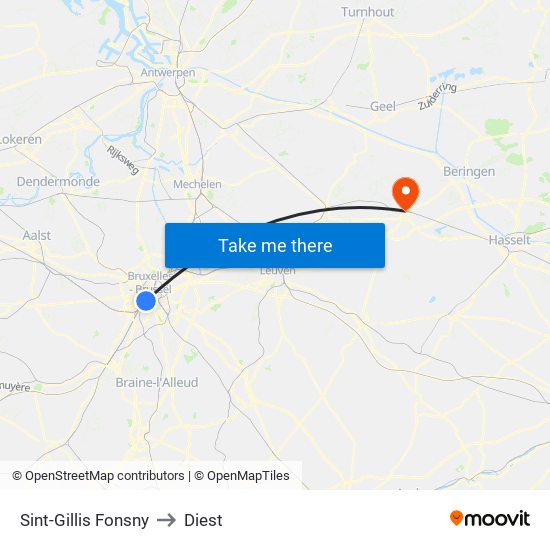 Sint-Gillis Fonsny to Diest map