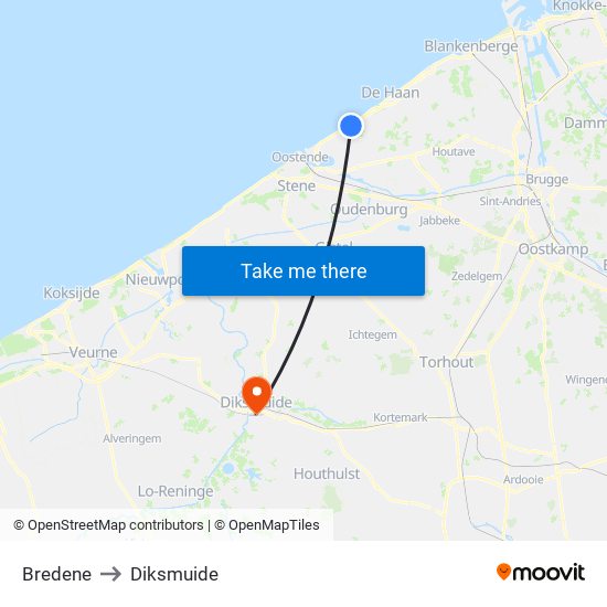 Bredene to Diksmuide map