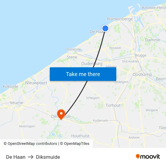 De Haan to Diksmuide map