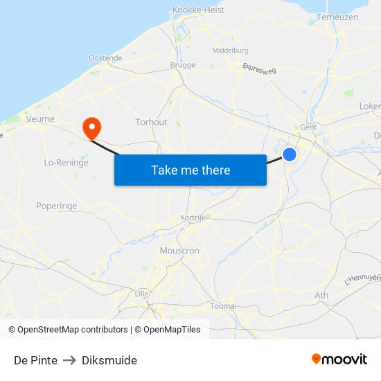 De Pinte to Diksmuide map