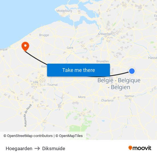 Hoegaarden to Diksmuide map