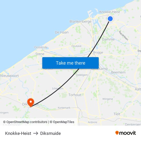 Knokke-Heist to Diksmuide map