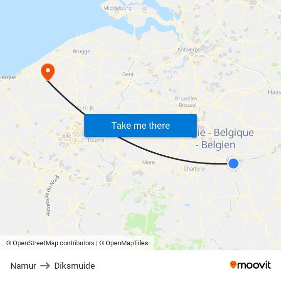 Namur to Diksmuide map