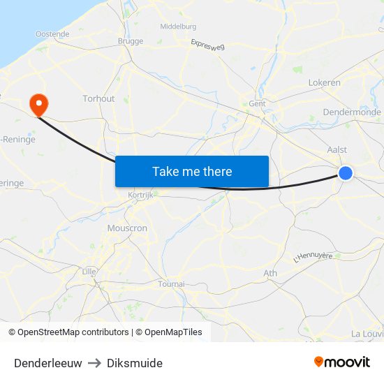 Denderleeuw to Diksmuide map