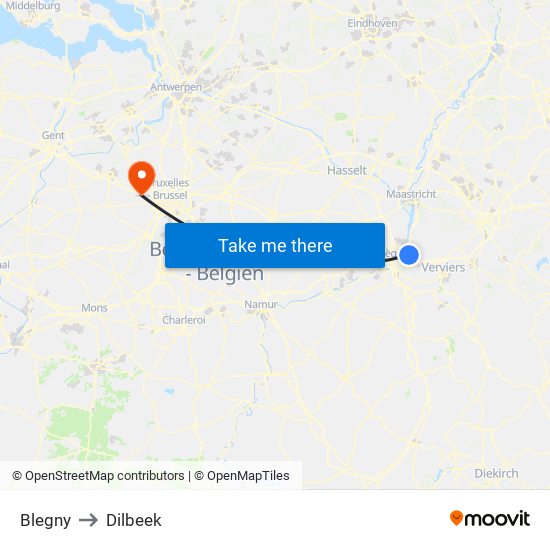 Blegny to Dilbeek map