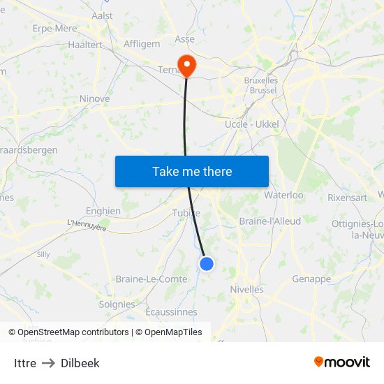Ittre to Dilbeek map