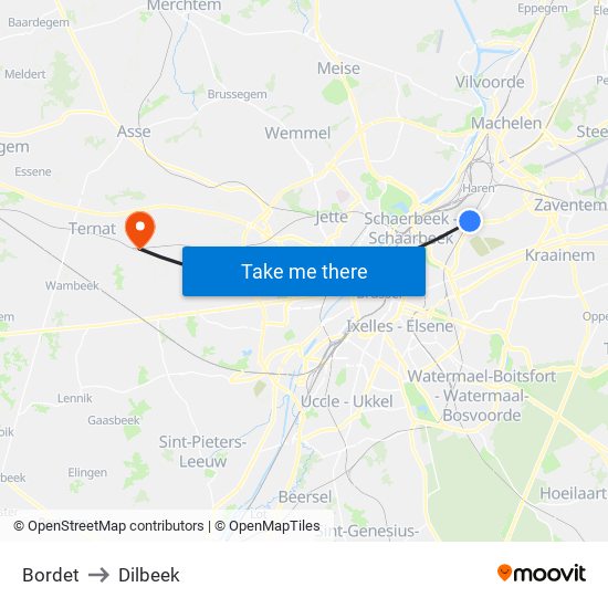 Bordet to Dilbeek map