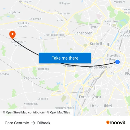 Gare Centrale to Dilbeek map