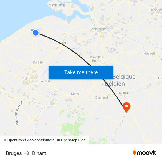 Bruges to Dinant map