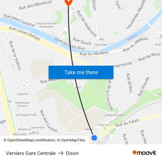 Verviers Gare Centrale to Dison map