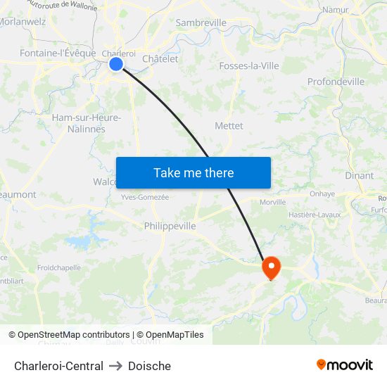 Charleroi-Central to Doische map