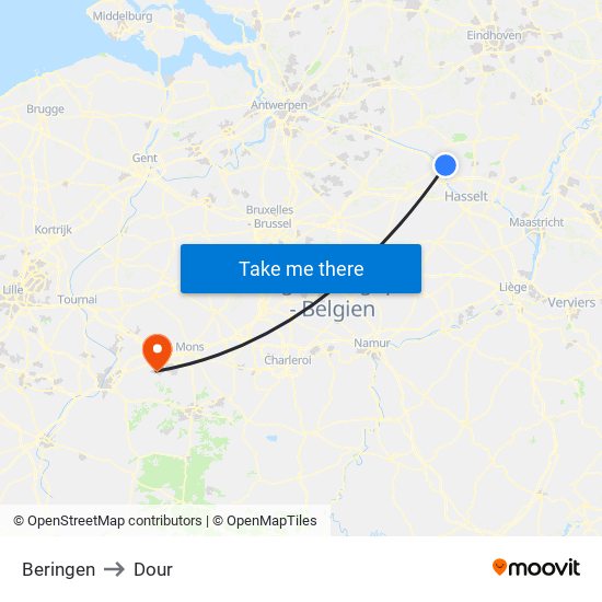 Beringen to Dour map