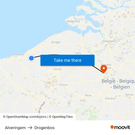 Alveringem to Drogenbos map