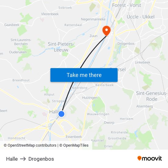 Halle to Drogenbos map