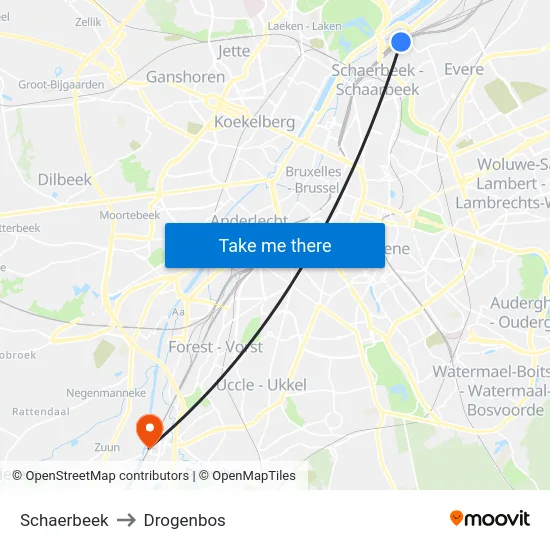Schaerbeek to Drogenbos map