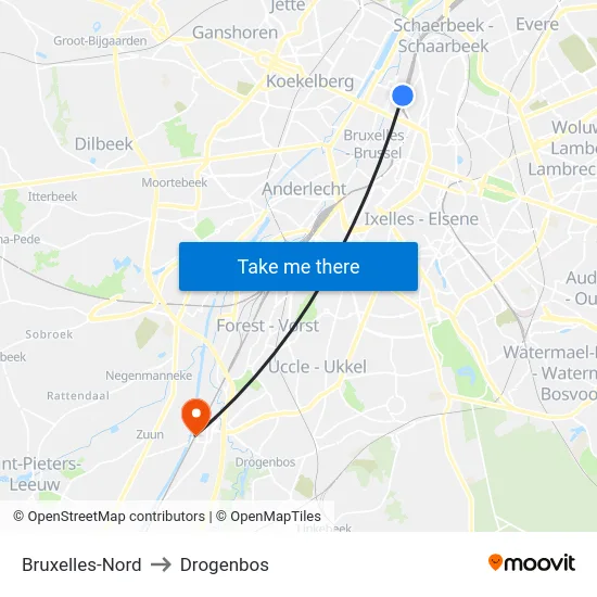 Bruxelles-Nord to Drogenbos map