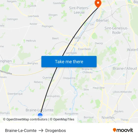 Braine-Le-Comte to Drogenbos map