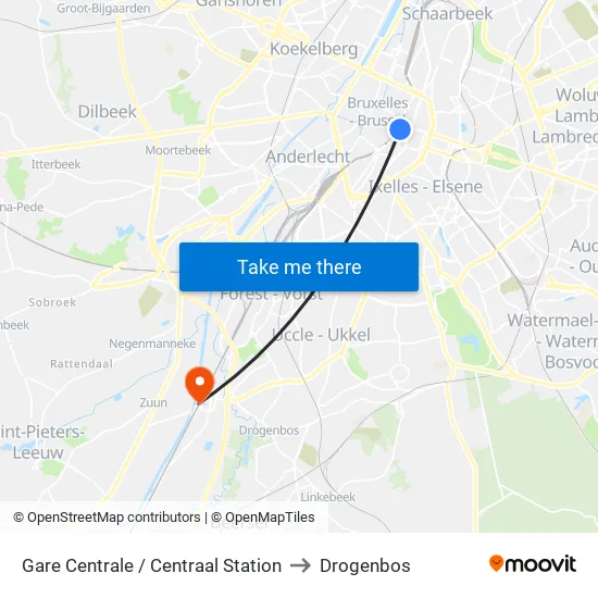 Gare Centrale / Centraal Station to Drogenbos map