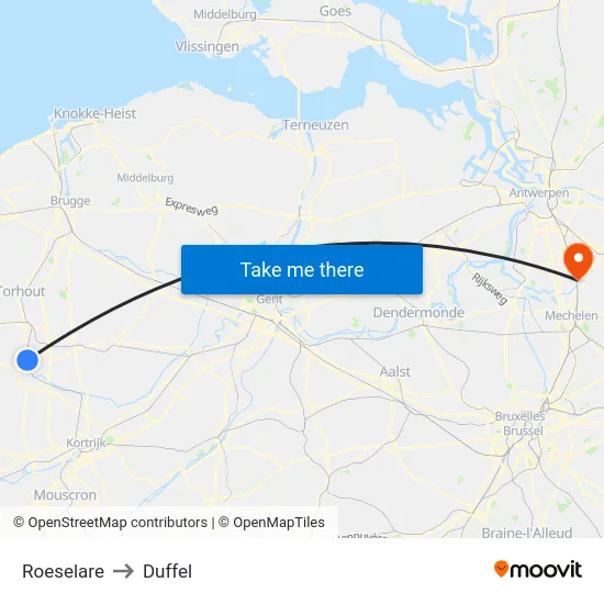 Roeselare to Duffel map