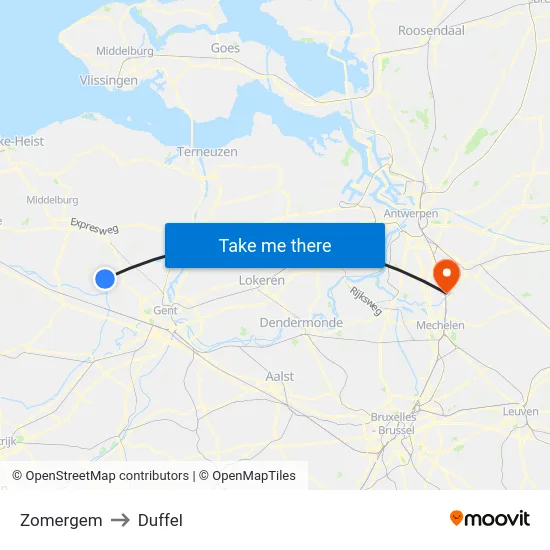 Zomergem to Duffel map