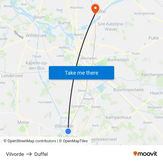 Vilvorde to Duffel map