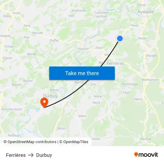 Ferrières to Durbuy map
