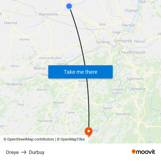 Oreye to Durbuy map