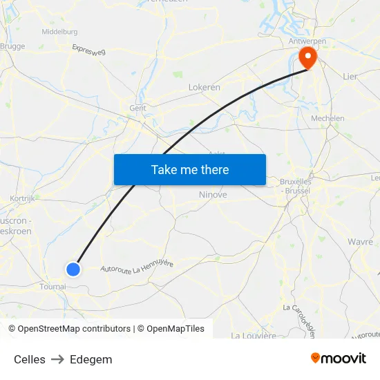 Celles to Edegem map
