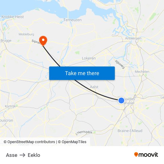 Asse to Eeklo map