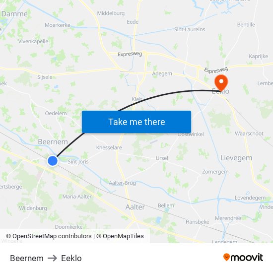 Beernem to Eeklo map