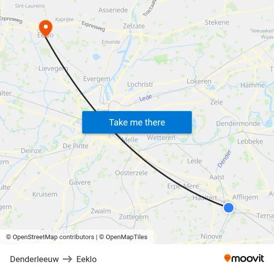 Denderleeuw to Eeklo map