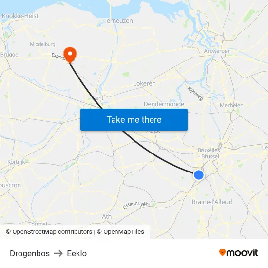 Drogenbos to Eeklo map