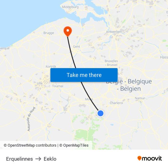 Erquelinnes to Eeklo map