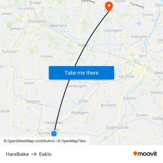 Harelbeke to Eeklo map